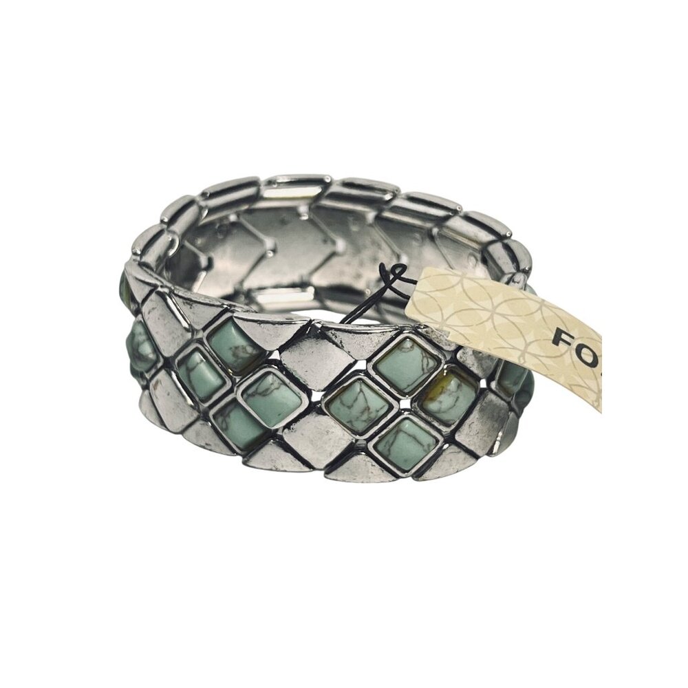 Fossil Silver Tone And Turquois Stretch Bracelet Signed (6241) - Picture 5 of 7